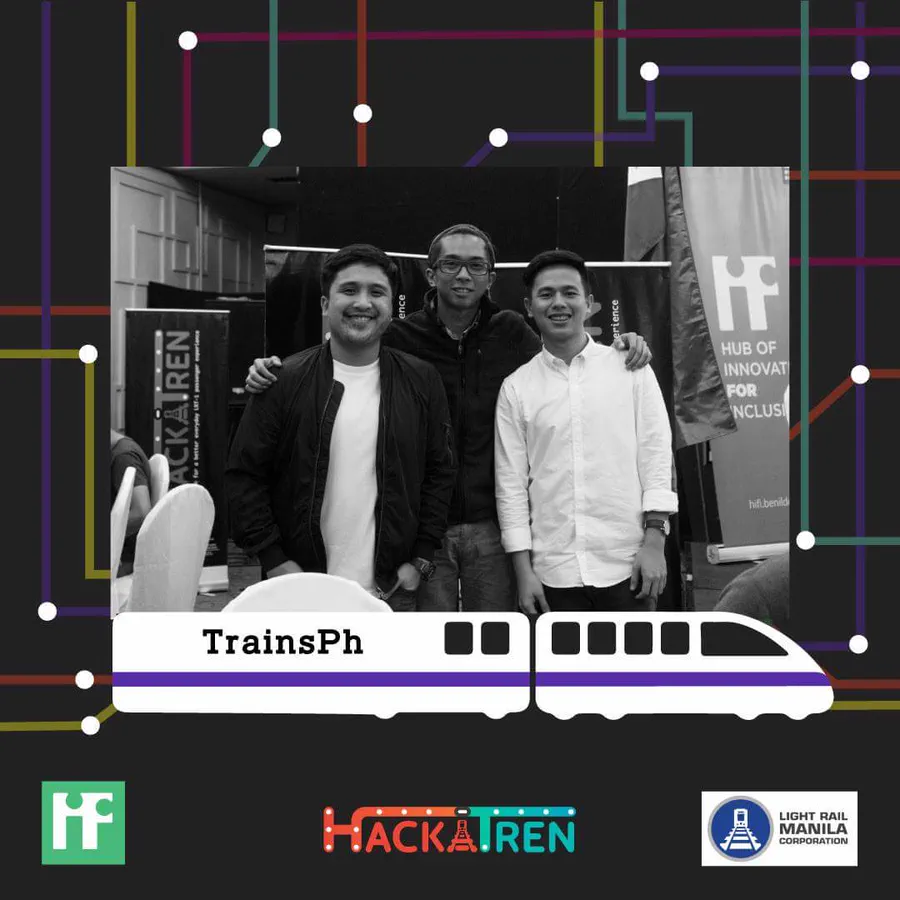 The TrainsPh team card from HACKATREN, showing three team members with the event and Light Rail Manila Corporation logos